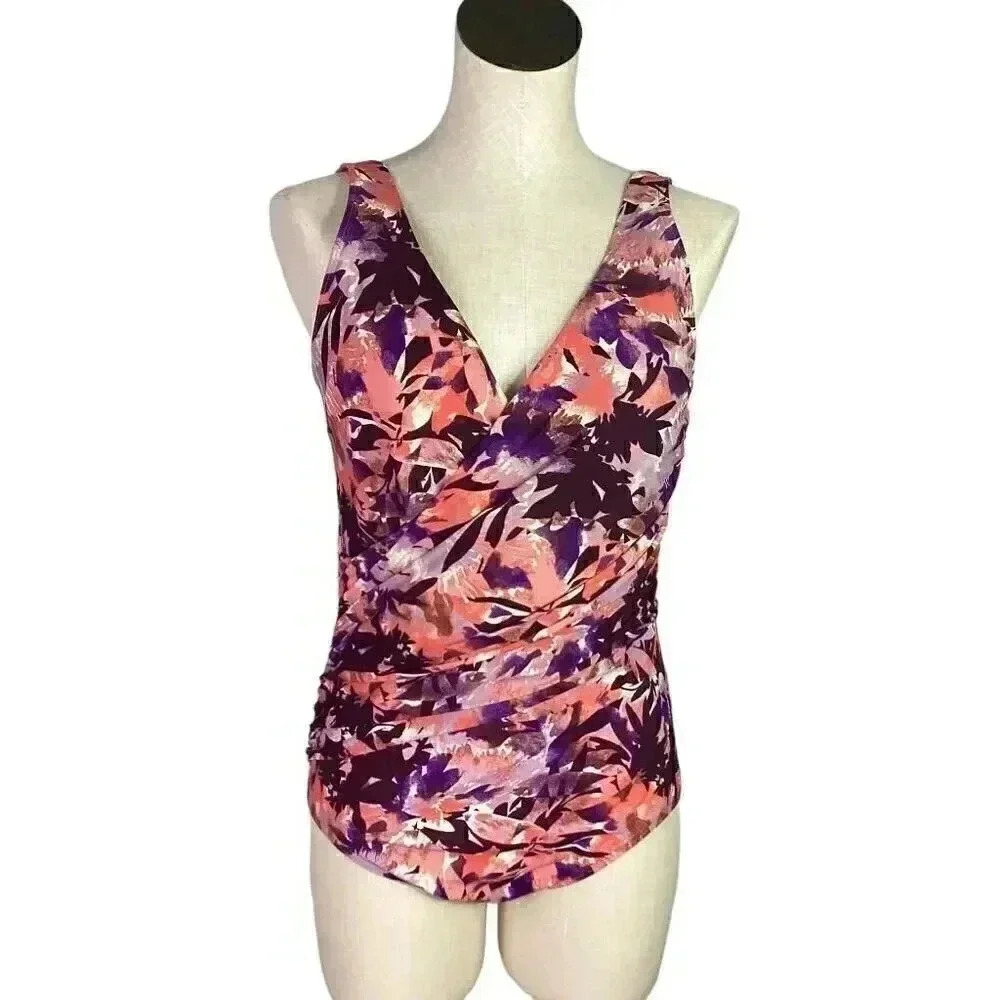 L.L.Bean Women 12R Slimming Swimwear Tanksuit Print Royal Plum Flowers L121710